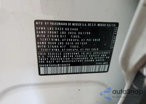 2018 Volkswagen Tiguan Se из США, поврежденный, VIN 3VV2B7AX9JM168078